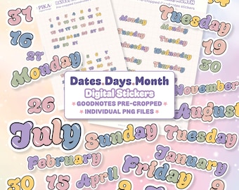 Dates Day Month Digital Planner Stickers, Individual PNG stickers, Cute rainbow Planner Stickers, Goodnotes Stickers