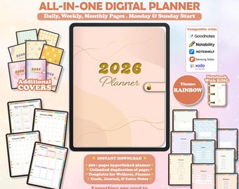Digital Planner 2026, Dated Digital Planner,Goodnotes Notability,Daily Weekly Monthly Planner iPad Planner,Portrait Vertical Planner Rainbow
