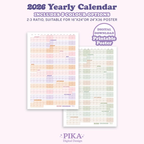 2026 Full Year Calendar , 365 Days Calendar Large Wall Planner Printable PDF, 2026 Yearly 24"x36" Calendar