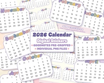 Calendar 2026, Digital Stickers, Individual PNG stickers, Digital Planner Stickers