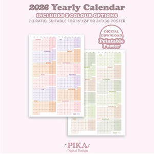 May include: A digital download printable poster of a 2026 yearly calendar. The calendar includes three color options and is suitable for 16"x24" or 24"x36" posters. The calendar has a pastel color scheme and includes the text "2026 Yearly Calendar".