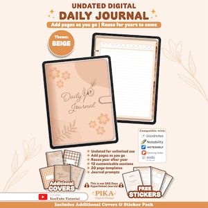 Op de afbeelding: Een ongedateerd digitaal dagboek in een beige thema met een bloemrijk omslagontwerp en de tekst Daily Journal. De set bevat extra covers, paginasjablonen, dagboekprompts en een stickerpakket dat compatibel is met Goodnotes, Notability, Noteshelf, Samsung Notes en Xodo.
