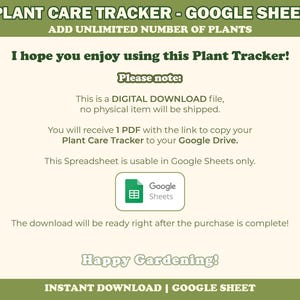 Op de afbeelding: Digitale download voor een plantverzorgingstracker in Google Sheets. De afbeelding bevat de tekst "PLANT CARE TRACKER - GOOGLE SHEET" en "ADD UNLIMITED NUMBER OF PLANTS". De download is direct na aankoop beschikbaar.