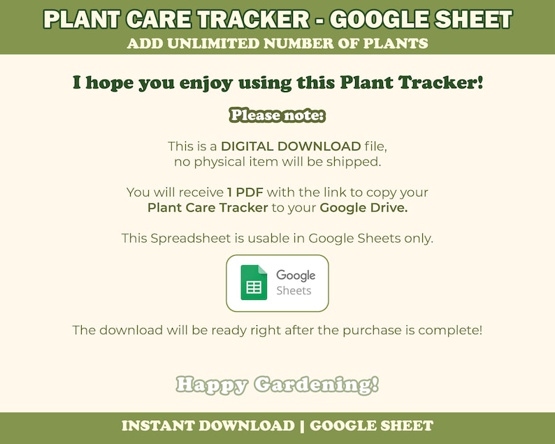 Op de afbeelding: Digitale download voor een plantverzorgingstracker in Google Sheets. De afbeelding bevat de tekst "PLANT CARE TRACKER - GOOGLE SHEET" en "ADD UNLIMITED NUMBER OF PLANTS". De download is direct na aankoop beschikbaar.