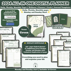 Digital Planner 2024 Dated Digital Planner Goodnotes Planner Daily Weekly Monthly Planner Notability iPad Planner Goodnotes Portrait Green