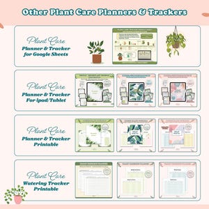 May include: A graphic showing four different plant care planners and trackers. The first is for Google Sheets, the second is for iPad or tablet, the third is printable, and the fourth is a printable watering tracker.