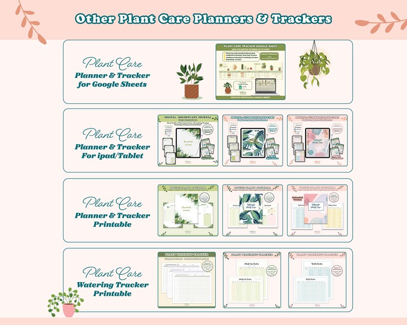 May include: A graphic showing four different plant care planners and trackers. The first is for Google Sheets, the second is for iPad or tablet, the third is printable, and the fourth is a printable watering tracker.