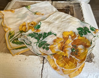 Set of 2 Yellow Floral Handkerchiefs / yellow flowers / handkerchief / vintage handkerchief / Victorian decor