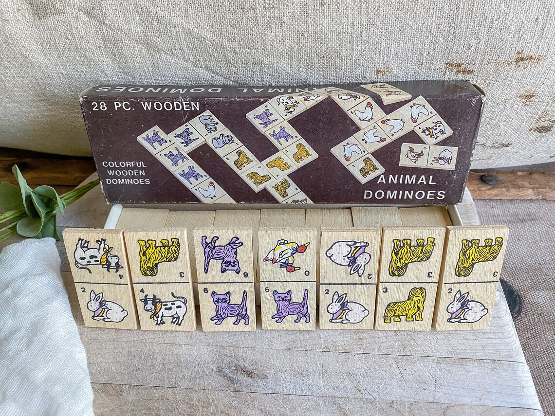 Vintage 28 Piece Animal Wooden Dominoes Set / vintage decor / Etsy