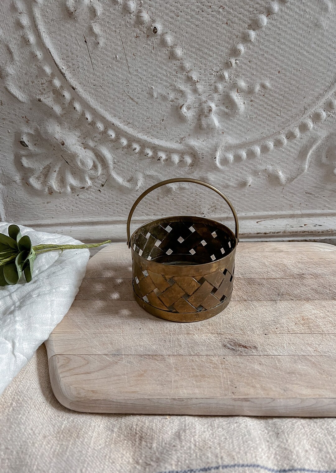 Vintage Brass Woven Basket Made in India / Vintage Decor / Etsy