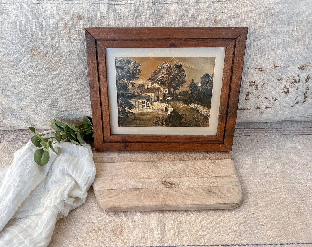 Vintage Foil Art Country Scene Framed Print / Vintage Wall Decor