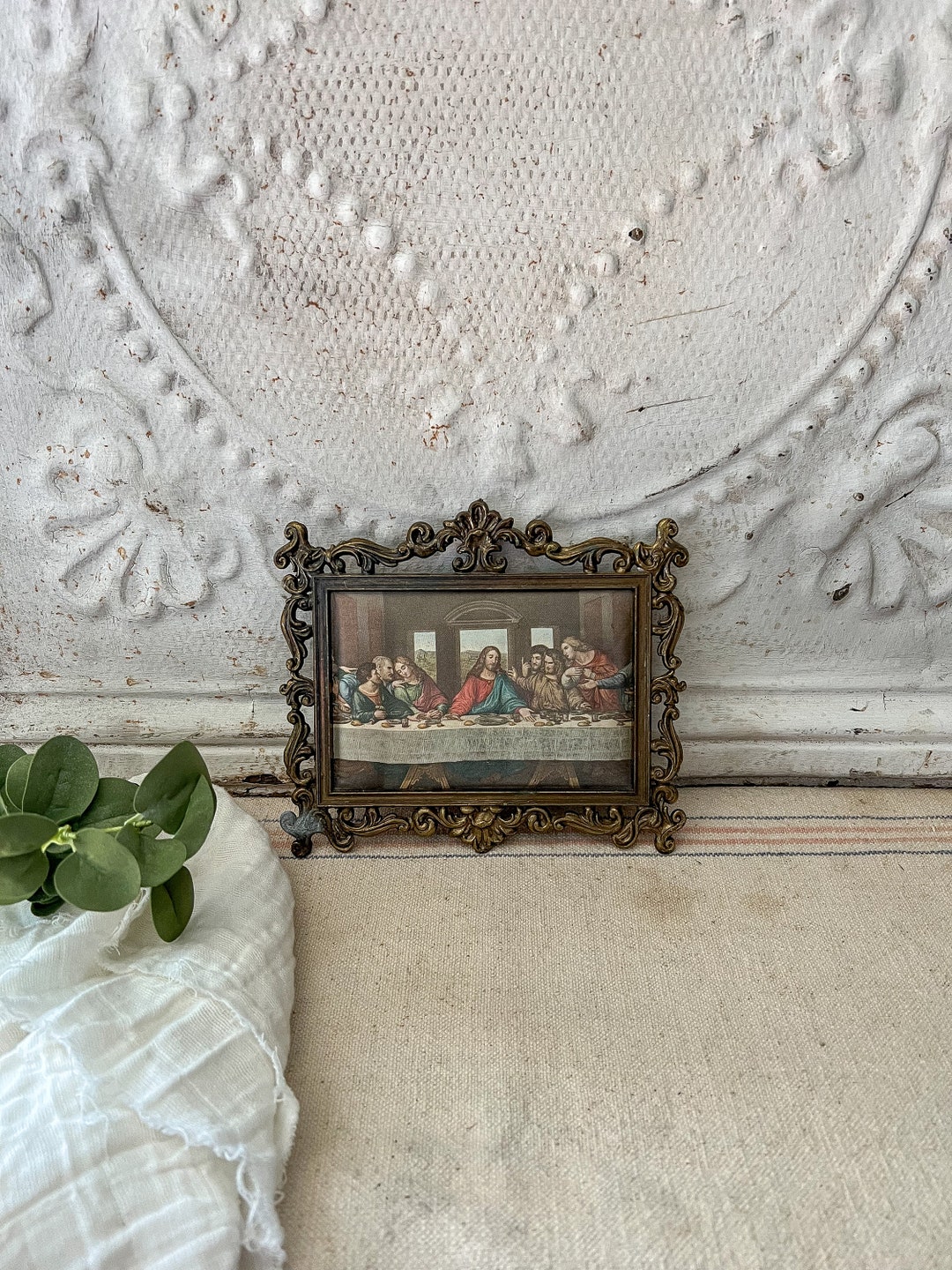 Vintage the Last Supper Fabric Print in Brass Frame / Etsy