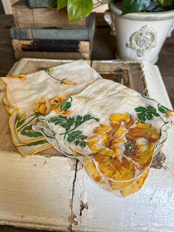 Set of 2 Yellow Floral Handkerchiefs / yellow flo… - image 1