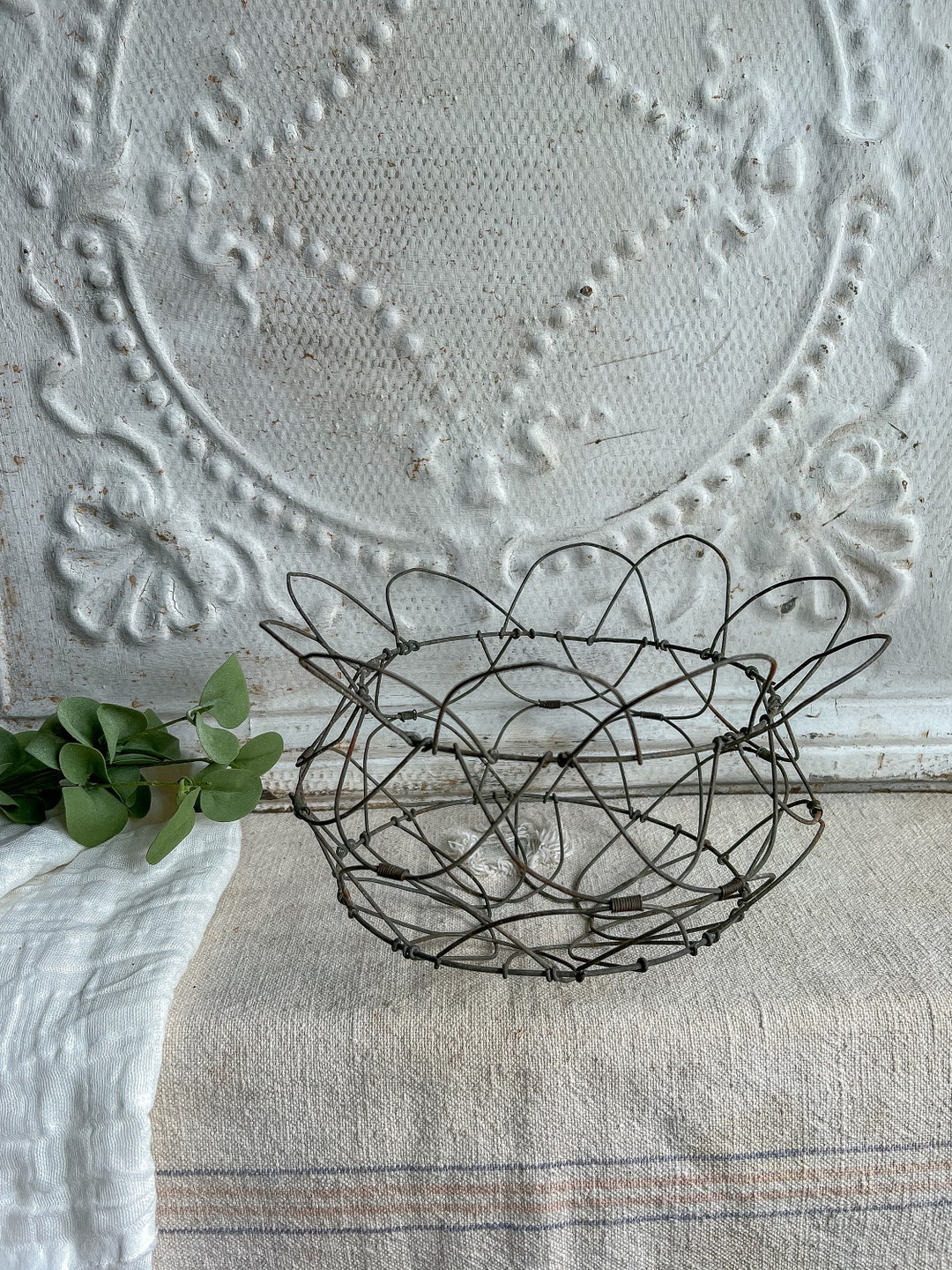 Vintage Rustic Wire Foldable Egg Basket / Vintage Decor / Metal Decor ...