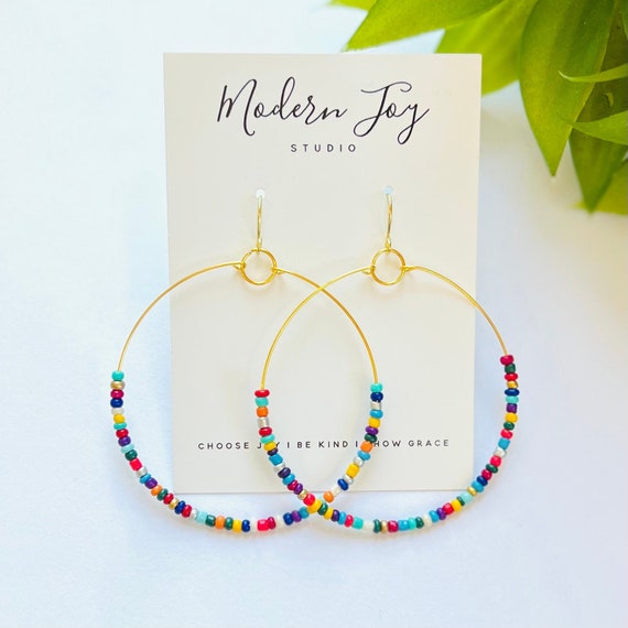 Big Beaded Hoop Earrings Colorful Hippie Boho Gold Wire Etsy Sweden