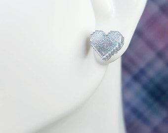 Sparkly Retro Pixel Heart Stud Earrings / Sparkly Earrings / Gamer Gifts / Gifts For Her