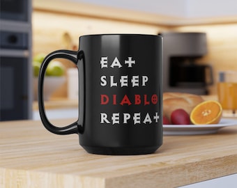 Taza negra Eat Sleep Diablo Repeat, 15 oz