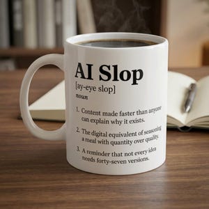 Può includere: Tazza da caffè in ceramica bianca con la scritta "AI Slop" e la sua definizione. La tazza contiene caffè scuro e vapore che sale dalla parte superiore. La tazza è su una superficie di legno con un libro e una penna sullo sfondo.