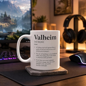 Caneca com a definição de Valheim, Caneca engraçada para jogo de sobrevivência viking, Caneca de café para gamers, Presente aconchegante para gamers de casa comprida, Caneca de cerâmica para jogadores de PC