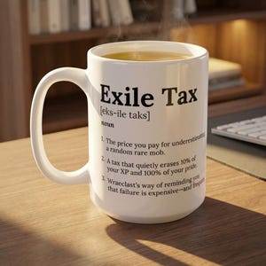 Puede incluir: Taza de cerámica blanca con el texto "Exile Tax" y una definición impresa en negro. La taza contiene una bebida caliente y está colocada sobre una superficie de madera.