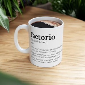 Caneca de cerâmica Factorio Game Definition, xícara de café para jogos, presente para jogadores, caneca de chá para videogame, presente para amantes de jogos, decoração de escritório geek