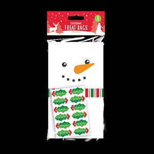 x8 Paper Christmas Treat Sweet Cake Pop Bags with Holly Stickers Snowman design