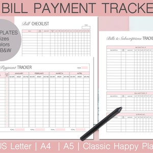 Bill Payment Tracker, Bill Payment Checklist, Monthly Bill Log, Subscription Payment, Printable, Letter, A4,A5, Classic Happy Planner