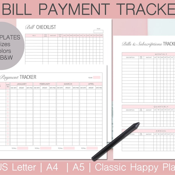 Bill Payment Tracker, Bill Payment Checklist, Monthly Bill Log, Subscription Payment, Printable, Letter, A4,A5, Classic Happy Planner