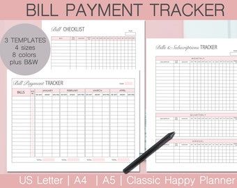 May include: Printable bill payment tracker with three templates, four sizes, and eight colors. The tracker includes sections for bills, monthly, quarterly, and annual subscriptions. The text "Bill Payment Tracker" is at the top of the page.