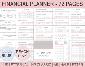 May include: A printable financial planner with 72 pages. The planner includes pages for tracking savings challenges, budgets, expenses, income, and more. The planner is designed with a pink and white color scheme and features the text "Cool Blue" and "Peach Pink" in circles.