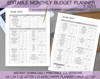 Budget Planner Monthly, EDITABLE, Instant Download, Classic Happy Planner, A4, A5, Letter, Half Letter, Personal Budget, Financial Planner