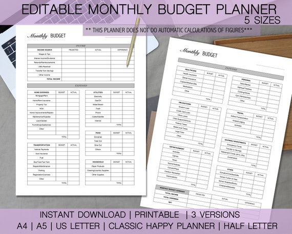 MONTHLY BUDGET PLANNER Digital Download Printable Sizes A5 & Letter ...