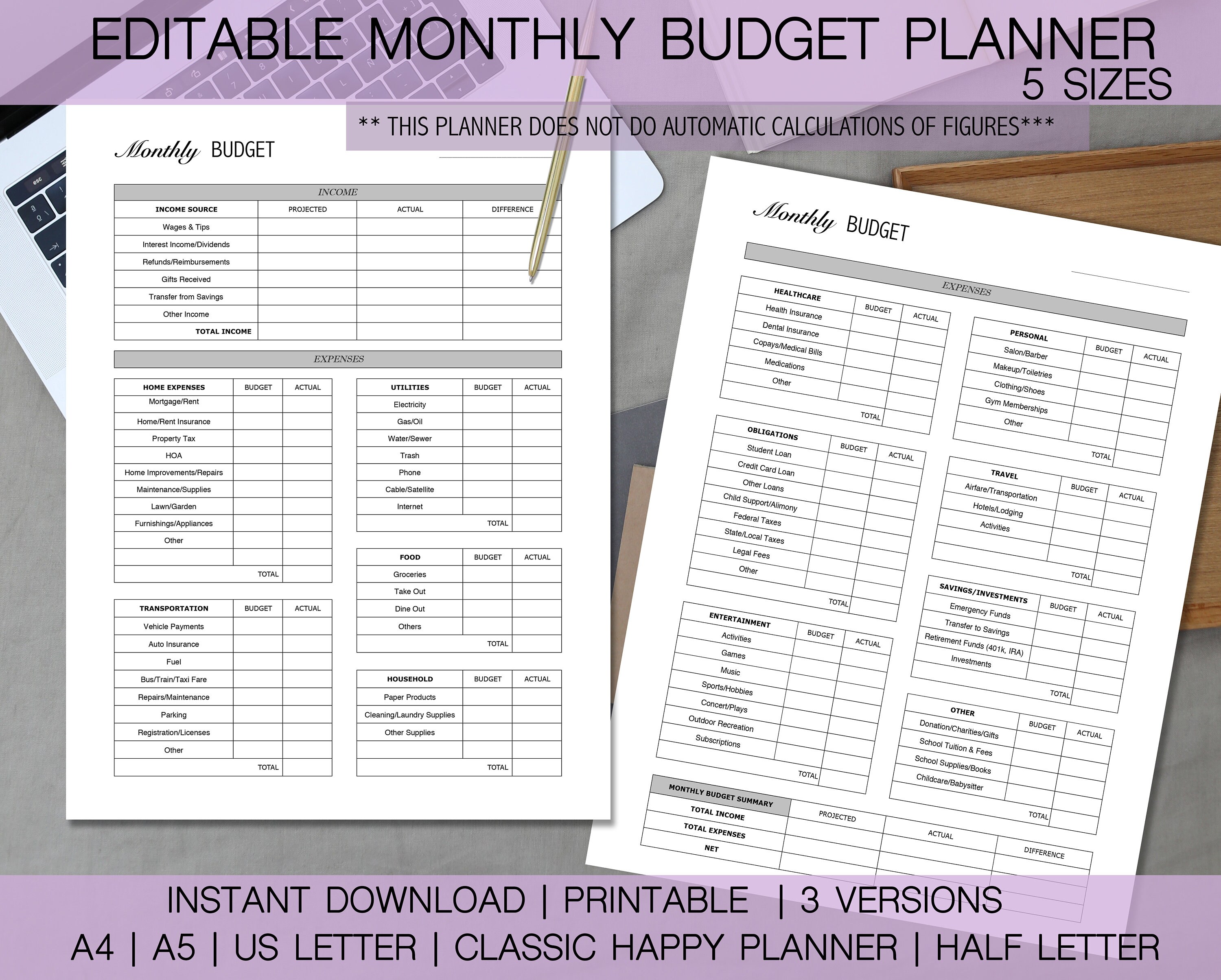 Home & Living Office YEARLY BUDGET PLANNER customizable editable pdf