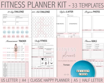 May include: A pink and white fitness planner kit with 33 templates. The kit includes a 30-day challenge, a 100-mile challenge, a before and after tracker, a progress photo log, a measurement tracker, a daily fitness log, and a fitness goals tracker. The planner is designed to help people achieve their fitness goals.