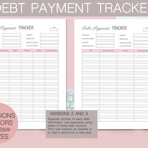 May include: Printable debt payment tracker with a pink and white design. The tracker includes sections for debt name, creditor, account number, due date, interest rate, minimum payment, goal payoff date, starting balance, date, interest, principal, payment, and ending balance.