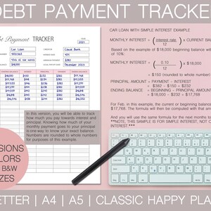 May include: A printable debt payment tracker worksheet with a pink background. The worksheet includes a table to track debt payments, interest, and principal. The worksheet also includes a section with an example of how to calculate simple interest on a car loan. The worksheet is available in 3 versions, 8 colors, plus black and white, and 4 sizes. The worksheet is designed for use with a classic happy planner.