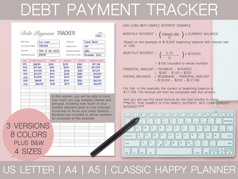 May include: A printable debt payment tracker worksheet with a pink background. The worksheet includes a table to track debt payments, interest, and principal. The worksheet also includes a section with an example of how to calculate simple interest on a car loan. The worksheet is available in 3 versions, 8 colors, plus black and white, and 4 sizes. The worksheet is designed for use with a classic happy planner.