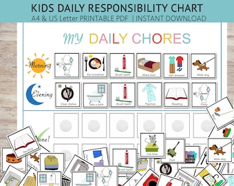 May include: A printable chart for children to track their daily chores. The chart is divided into morning and evening sections, with a variety of chores listed, such as brushing teeth, making the bed, and walking the dog. The chart includes a space for stickers or other rewards.