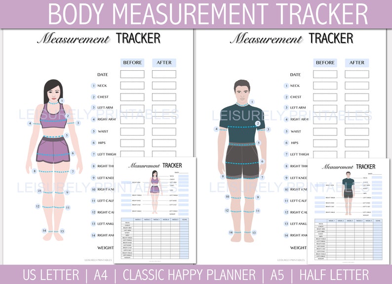 May include: Printable body measurement tracker with two figures, one male and one female, with numbered lines indicating where to measure. The tracker includes columns for before and after measurements, date, and weight.