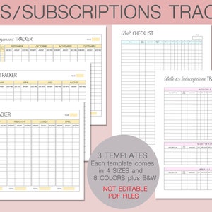 Puede incluir: Plantillas de seguimiento de facturas y suscripciones imprimibles en tres formatos diferentes: mensual, trimestral y anual. Las plantillas est&aacute;n disponibles en cuatro tama&ntilde;os y ocho colores, adem&aacute;s de blanco y negro. El texto de la imagen dice "BILLS/SUBSCRIPTIONS TRACKER", "Bill Payment TRACKER", "Bill CHECKLIST", "Bills & Subscriptions TRACKER", "3 TEMPLATES", "Each template comes in 4 SIZES and 8 COLORS plus B&W", "NOT EDITABLE PDF FILES", "4 SIZES", "US Letter", "A4", "A5", "Classic Happy Planner", "MONTHLY", "QUARTERLY", "ANNUAL".