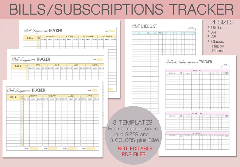 Puede incluir: Plantillas de seguimiento de facturas y suscripciones imprimibles en tres formatos diferentes: mensual, trimestral y anual. Las plantillas est&aacute;n disponibles en cuatro tama&ntilde;os y ocho colores, adem&aacute;s de blanco y negro. El texto de la imagen dice "BILLS/SUBSCRIPTIONS TRACKER", "Bill Payment TRACKER", "Bill CHECKLIST", "Bills & Subscriptions TRACKER", "3 TEMPLATES", "Each template comes in 4 SIZES and 8 COLORS plus B&W", "NOT EDITABLE PDF FILES", "4 SIZES", "US Letter", "A4", "A5", "Classic Happy Planner", "MONTHLY", "QUARTERLY", "ANNUAL".