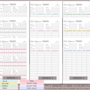 May include: Three versions of a printable debt payment tracker in different colors. The first version has a pink, blue, yellow, and green color scheme. The second version has a peach, blush pink, and cool blue color scheme. The third version is in black and white. Each version has a title "Debt Payment Tracker" and includes fields for account name, creditor, starting balance, minimum payment, interest rate, total balance, and payment date.