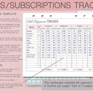 Puede incluir: Un rastreador de pago de facturas imprimible con un esquema de color rosa y azul. El rastreador est&aacute; dise&ntilde;ado para ayudarte a realizar un seguimiento de tus facturas y gastos mensuales. Incluye columnas para la fecha de vencimiento, el monto, la fecha de pago y los totales para cada mes. El rastreador est&aacute; orientado horizontalmente y tiene 4 meses por p&aacute;gina, con un total de 3 p&aacute;ginas.