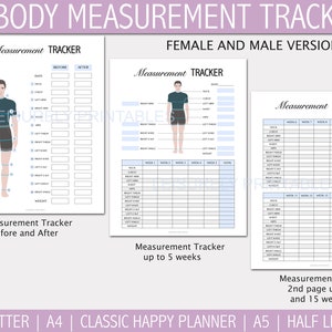 May include: Printable body measurement tracker with a simple illustration of a person. The tracker includes sections for recording measurements before and after, as well as weekly progress for up to 15 weeks.