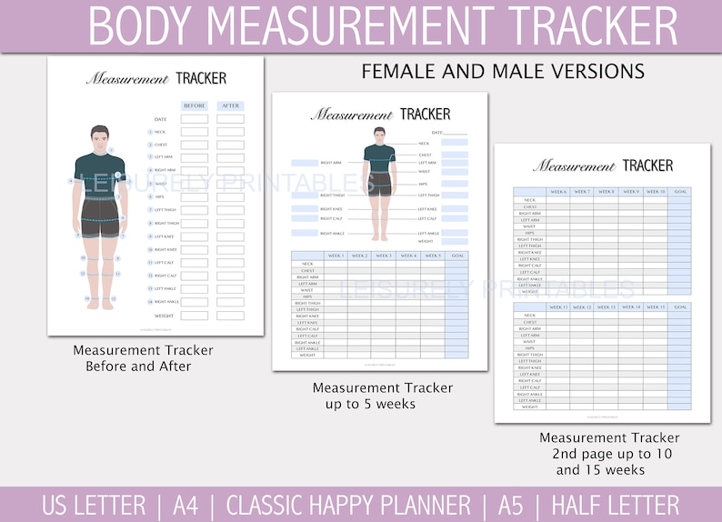 May include: Printable body measurement tracker with a simple illustration of a person. The tracker includes sections for recording measurements before and after, as well as weekly progress for up to 15 weeks.