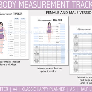 May include: Printable body measurement tracker with a female figure illustration. The tracker includes sections for before and after measurements, as well as weekly measurements for up to 15 weeks.