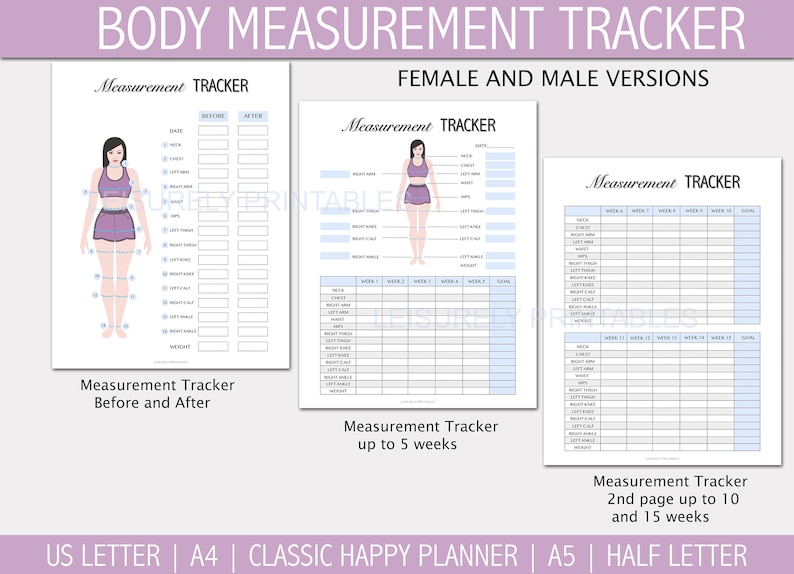 May include: Printable body measurement tracker with a female figure illustration. The tracker includes sections for before and after measurements, as well as weekly measurements for up to 15 weeks.