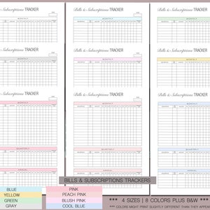 Puede incluir: Plantillas imprimibles para el seguimiento de facturas y suscripciones en ocho colores diferentes: azul, amarillo, verde, gris, rosa, rosa melocot&oacute;n, rosa rubor y azul fr&iacute;o. Las plantillas est&aacute;n disponibles en cuatro tama&ntilde;os e incluyen secciones mensuales, trimestrales y anuales.