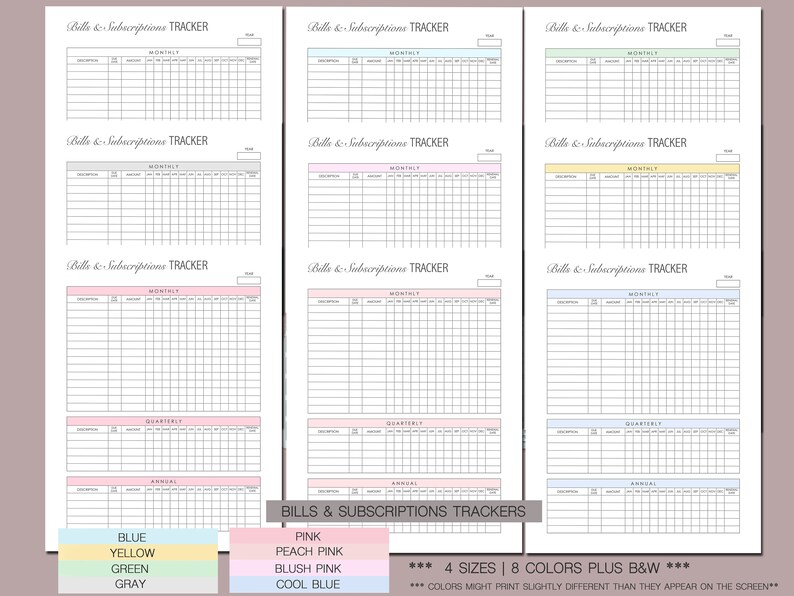 Puede incluir: Plantillas imprimibles para el seguimiento de facturas y suscripciones en ocho colores diferentes: azul, amarillo, verde, gris, rosa, rosa melocot&oacute;n, rosa rubor y azul fr&iacute;o. Las plantillas est&aacute;n disponibles en cuatro tama&ntilde;os e incluyen secciones mensuales, trimestrales y anuales.