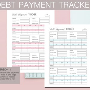 May include: A printable debt payment tracker with four sections for recording debt information, including debt name, creditor, account number, interest rate, minimum payment, starting balance, and monthly balance. The tracker is designed for up to three debts per page and includes a section for recording payments.